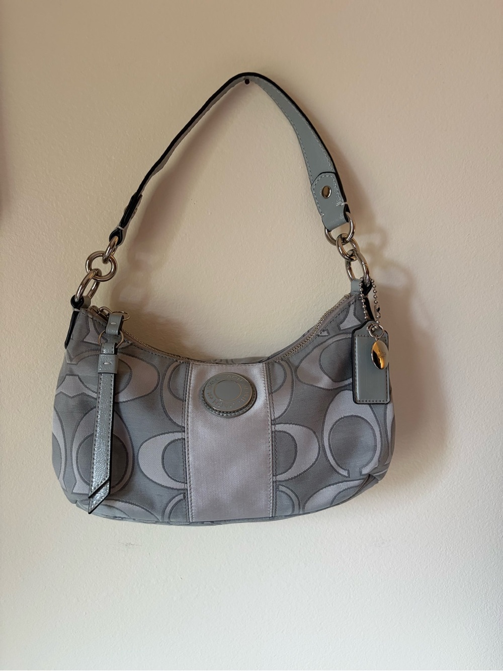 Y2K Coach Signature Stripe Demi Shoulder Bag in Silver with a bang pink interior
